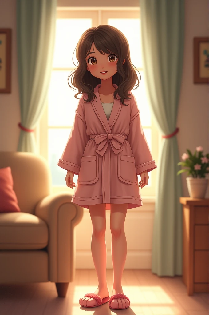 Houses, in a short dressing gown, in slippers, with a sweet, enticing smile