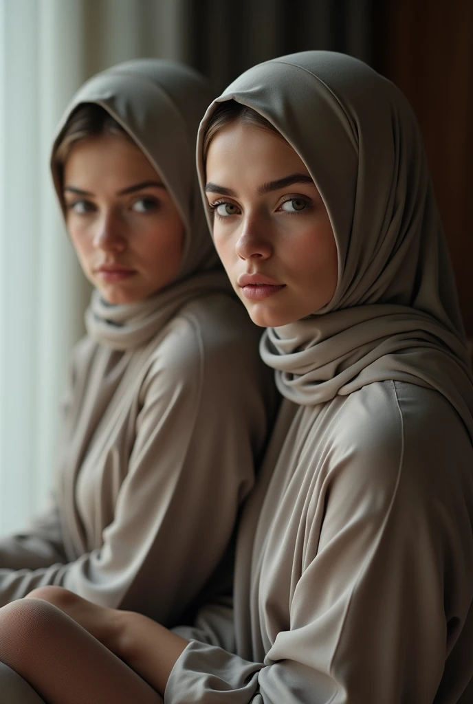 beautiful Ukrainian models,  wearing hijab, young beautiful girl, nice body, wear tights looking at the bedroom 