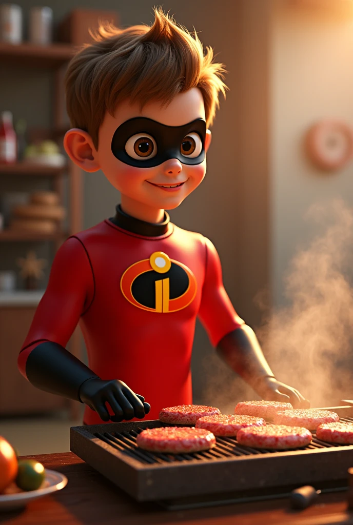 boy jboy cook, 20 years young, dressed as The Incredibles, preparing hamburger on the grill, 3D character rendering, cartoon character, Character from The Incredibles, character posing, (Pixar-style) (best qualityer) (skin detailed) (detailed texture) (8k) (Argilla) (cinematic lighting) (sharp focus