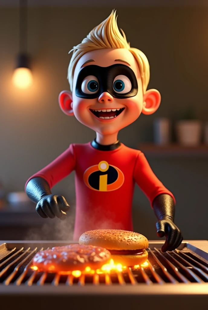 boy jboy cook, 20 years young, dressed as The Incredibles, preparing hamburger meat on the grill, 3D character rendering, cartoon character, Character from The Incredibles, character posing, (Pixar-style) (best qualityer) (skin detailed) (detailed texture) (8k) (Argilla) (cinematic lighting) (sharp focus