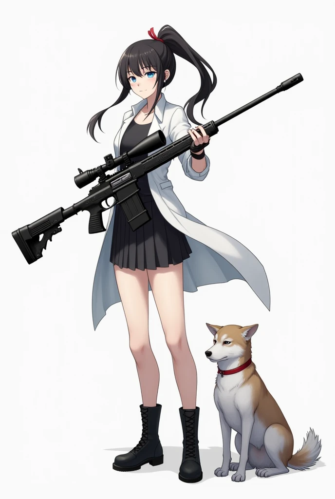 full body, (ponytail forehead hair pulled back:1.3) (black hair:1.3), a woman in a white coat and black boots standing next to a dog holding heavy sniper rilfe ,with white shirt and black skirt, anime style, from girls frontline, fine details. girls frontline, girls frontline universe, girls frontline style, girls frontline, girls frontline cg, soft anime illustration, 2 0 2 2 anime style, 2022 anime style, pixiv contest winner, pretty anime character design, render of april