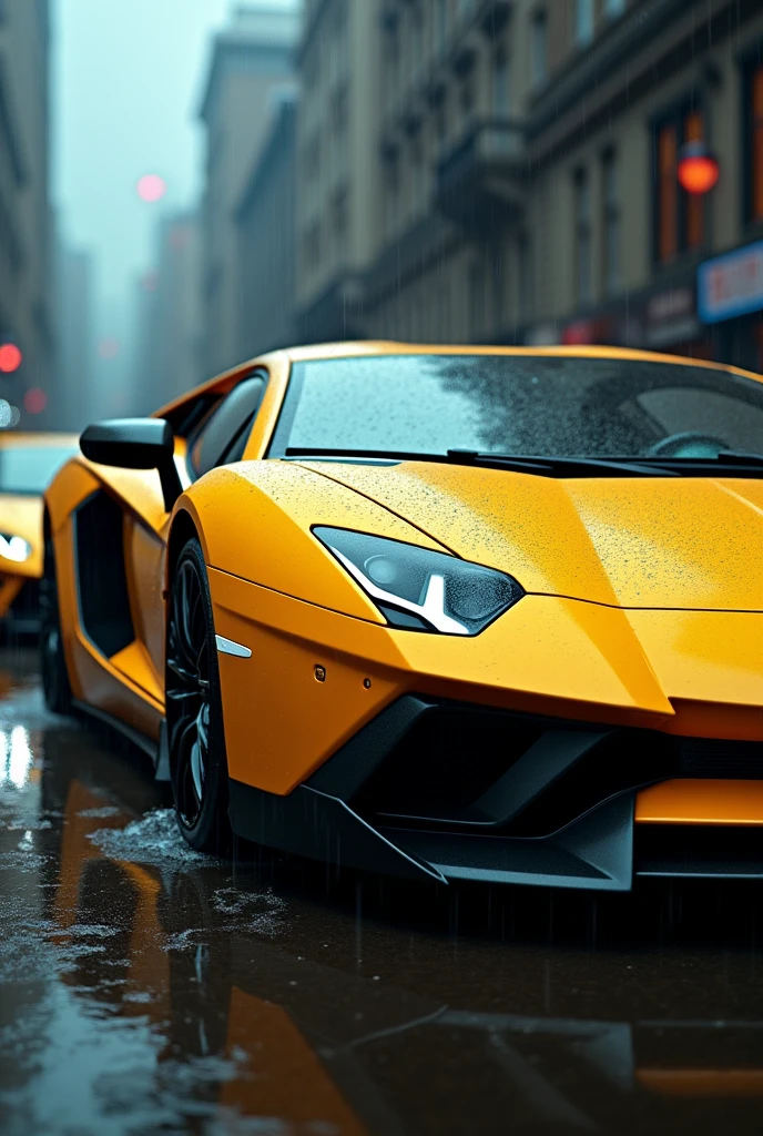 Show me an sexy cinematics of yellow lamborghini in slight rain 