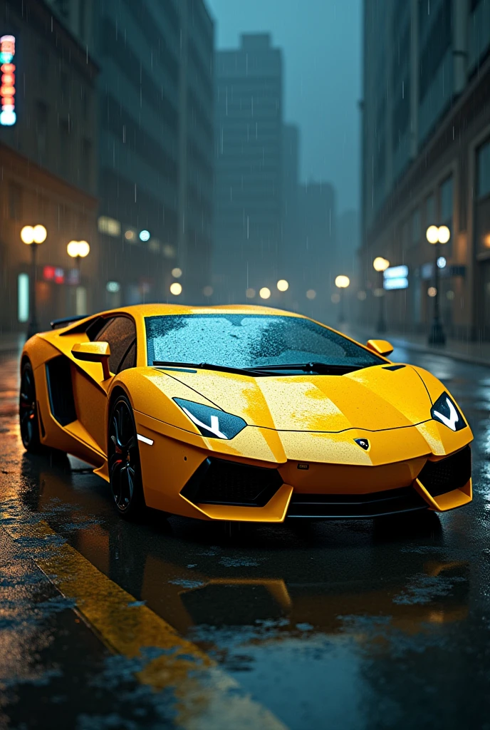 Show me an sexy cinematics of yellow lamborghini in slight rain 