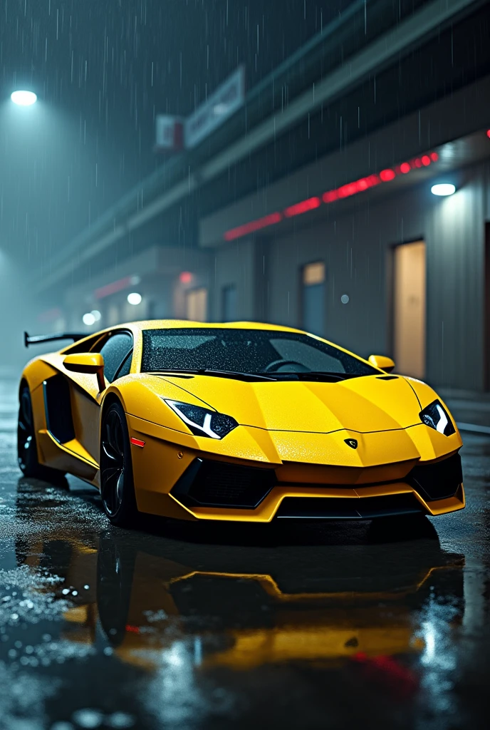 Show me an sexy cinematics of yellow lamborghini in slight rain 