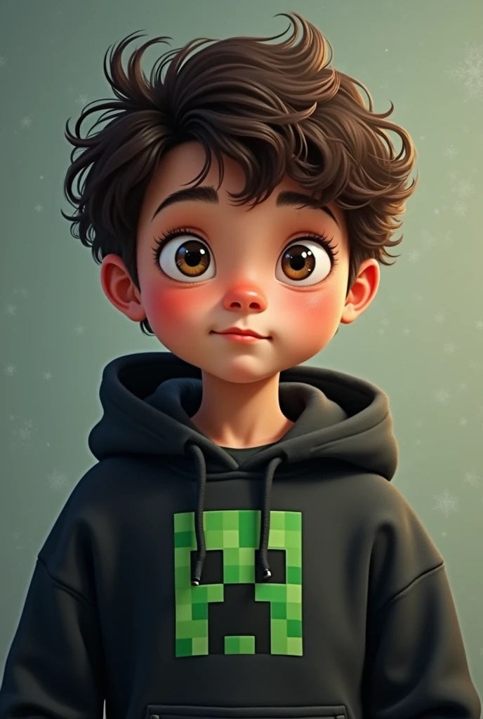 Boy with dark brown eyes and wavy hair wearing a black sweatshirt with a minecraft creeper