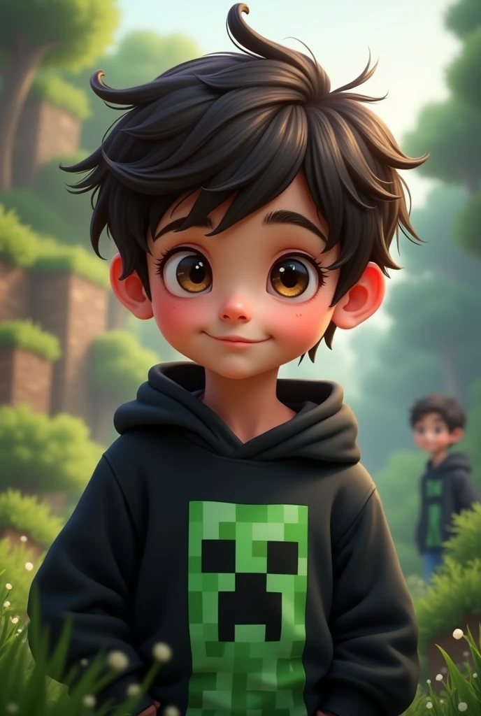 Boy with dark brown eyes and wavy hair wearing a black sweatshirt with a minecraft creeper