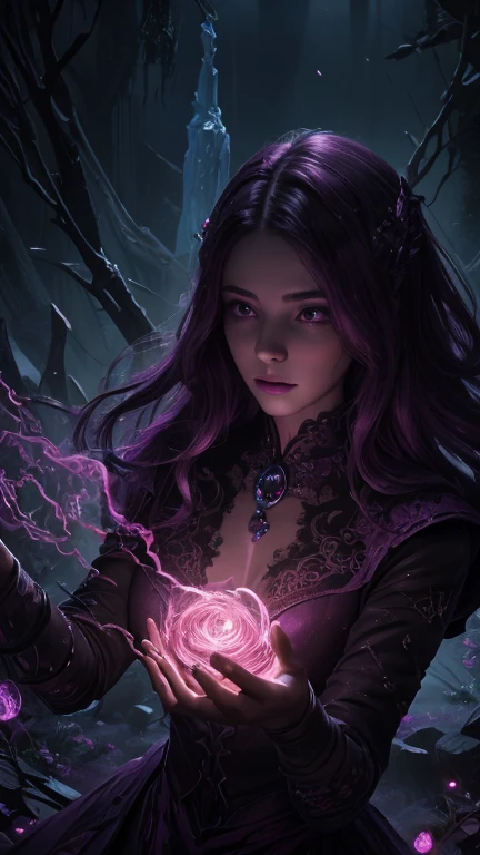 In this fascinating digital painting, An ethereal energy tinged with mauve and magenta hues swirling in dark digital brushstrokes highlights a necromancer who materializes with an enigmatic presence. The picture, Rendered with stunning clarity and intricate detail, shows the necromancer surrounded by the essence of her captured spirit shown in dying embers of light trying to get away from her presence. .( The Necromancer&#39;s Amber and Teal Robes., Adorned with intricate patterns and glowing runes, evoke a sense of arcane power). With penetrating violet eyes that seem to search the depths of the soul., ((The necromancer&#39;s pale, flawless complexion and blonde hair are juxtaposed with a hint of mysterious luminescence..)). This masterful work of art captures the mystique and allure of the arts of necromancy.., Drawing viewers into a world where magic and darkness intertwine..