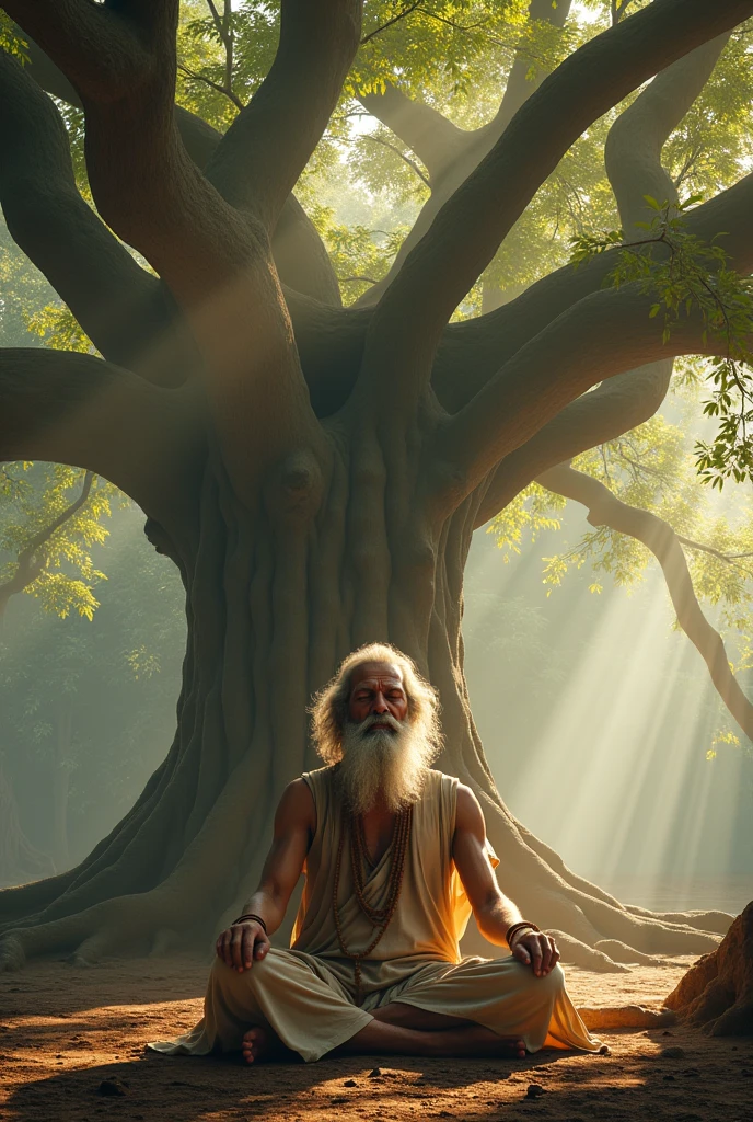 meditating sadhu** sitting cross-legged under a large banyan tree, eyes closed, and a peaceful aura around him, with soft sunlight creating a halo effect.