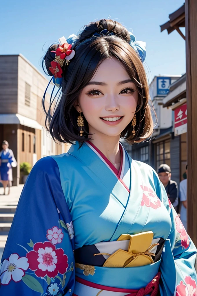 Bust-up of a beautiful woman in a kimono showing a bright smile and thumbs up under a blue sky