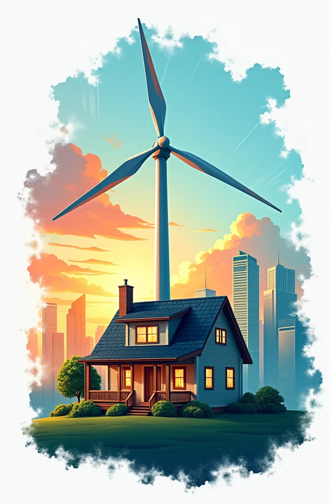 Logo featuring a wind turbine on top of a house with a beautiful animated skyline
