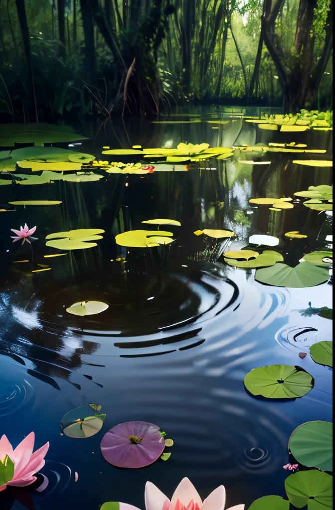 there is a pond with lily pads and water lillies in the water, pond with frogs and lilypads, green lily pads, scene from louisiana swamps, aquatic plants, located in a swamp at sunrise, lily pads, overgrown with aquatic plants, marsh vegetation, flooded swamp, alpine pond with water lilies, waterlily pads, small reeds behind lake