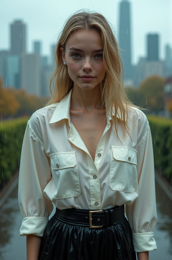 a RAW photo of a drenched looking 1girl, solo, (((raining))), wearing a (wet white collared shirt), ((wet fabric emphasis)), perfectly defined button detailing, (black, high-waisted skirt with a belt), diamond stud earrings, (long sleek, blonde wet hair), brown eyes, water drop, warm and sensual smile, slender figure, standing in rain by a city skyline, in autumn, cowboy shot, full body shot, photographed on a Fujifilm XT3, 80mm F/1.7 prime lens, cinematic film still, cinestill 500T, highly detailed, masterpiece, highest quality, intricately detailed, HDR, 8k, uhd, photorealistic