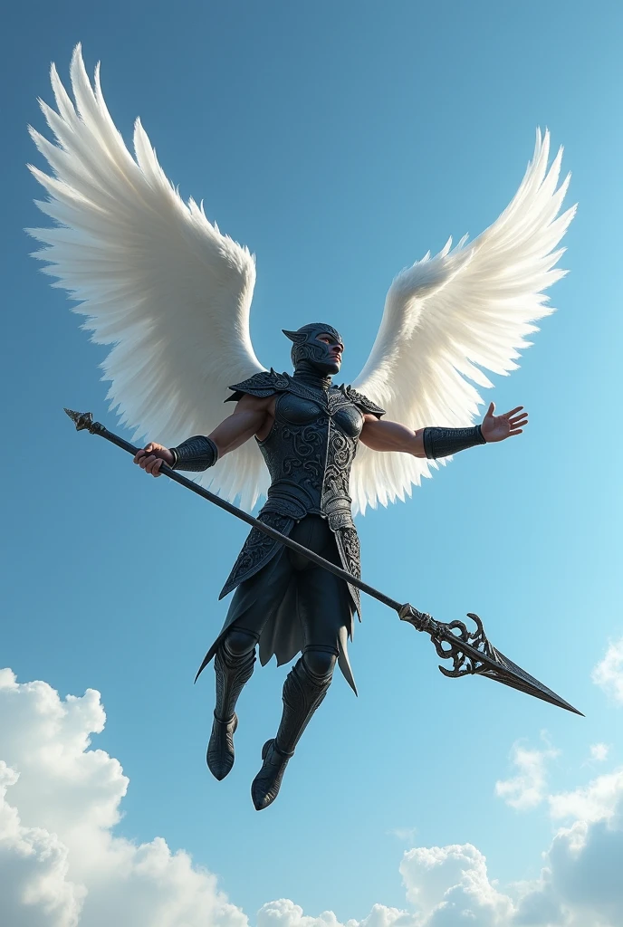 (photorealism:1.2), A man, with white angel wings flying in the blue sky,wearing armor, like a fantasy character posing sideways, wearing armor on his face, holding a spear, black armor,Pattern on the wings