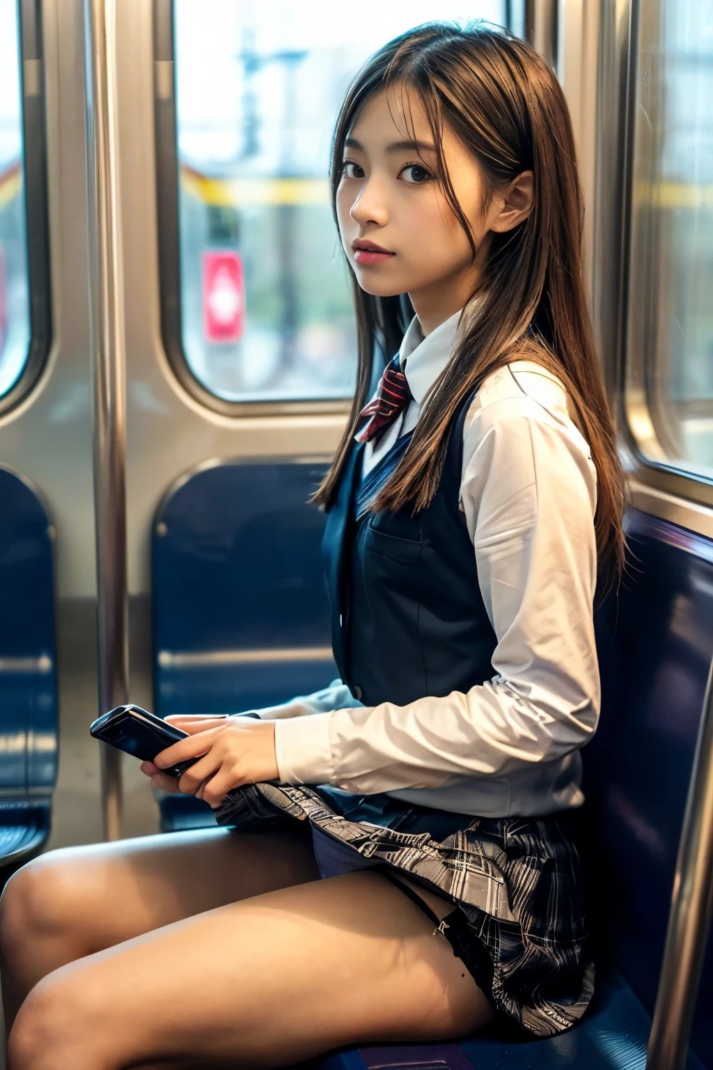 8k, RAW Portrait (Japanese women),masterpiece、Realistic:1.3、Realistic, Ultra-high resolution, Highest quality, Real Life Photos ,(((Showing panties:1.4)))、((Sitting on a train seat on the Yamanote Line, looking at my smartphone.:1.4))、
((((1 person:1.5)))), (((電車内でPlease lift your skirtパンティーを見せびらかす女子高生:1.4)))、(Cute Face:1.3),((Japanese girl))、((((Japanese High School Uniform:1.6))))、  Black Hair,(Written boundary depth:1.3)、 ((Dark brown eyes:1.2))、(Realistic skin texture:1.3)、(Immersive atmosphere:0.8、Chiaroscuro:1.2) 、(Audience:1.3)、((Expressionless:1.4))、((Red cheeks:1.1))、((very small white panties))、((Please lift your skirt))、(Emphasize panties)、Skirt Lift、Please lift your skirt、Checked skirt、((Woman taken from the side:1.3))