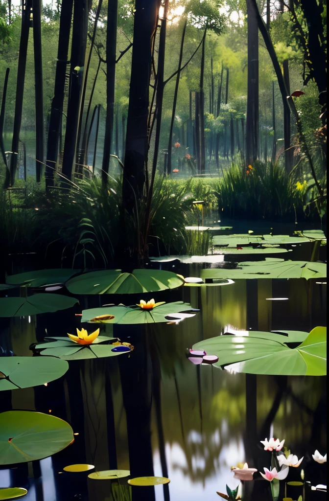 there is a pond with lily pads and water lillies in the water, pond with frogs and lilypads, green lily pads, scene from louisiana swamps, aquatic plants, located in a swamp at sunrise, lily pads, overgrown with aquatic plants, marsh vegetation, flooded swamp, alpine pond with water lilies, waterlily pads, small reeds behind lake