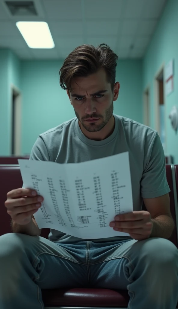 A worried patient in civil dress seating in a hospital waiting room, looking at a lab report with unusual results. The report should have visible anomalies or strange markings.