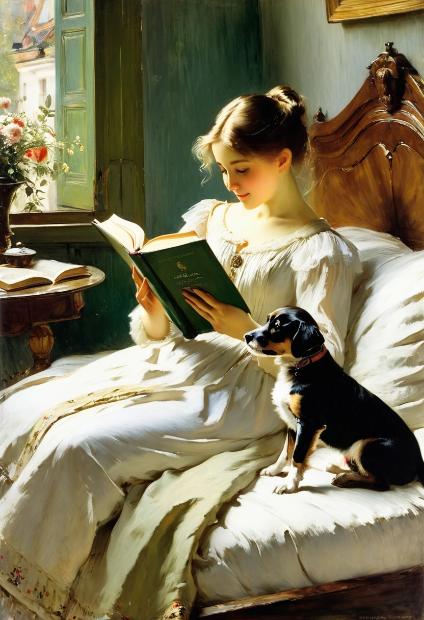 Painting of a girl reading a book on a bed with a dog, by Albert Edelfelt, Philip de Laszlo, Arthur Quartley, Konstantin Makovsky, by Konstantin Makovsky, Michael Malm, by Vladimir Makovsky, Vladimir Makovsky, Tom Robert