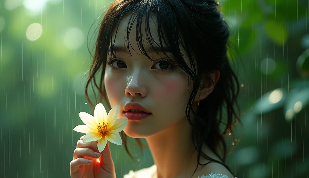 A person standing in the rain, detailed facial features, long eyelashes, beautiful eyes and lips, medium length hair, serene expression, holding a flower, raindrops on skin, green forest background, natural lighting, vibrant colors, cinematic composition, highly detailed, (best quality,4k,8k,highres,masterpiece:1.2),ultra-detailed,(realistic,photorealistic,photo-realistic:1.37),cinematic lighting,moody atmosphere