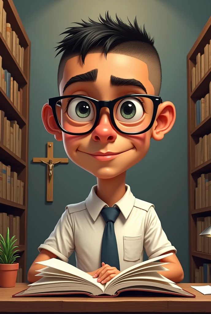 make a caricature drawing of a young student man who is studying hard, responsible, obedient, respectful, faithful to God, always praying. background is library and has a jesus christ cross in the wall (make it small size). his skintone color is brownish and buzz cut haircut.