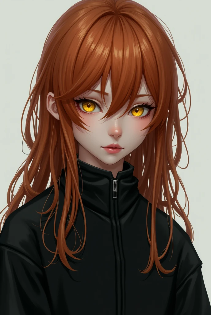 raise a boy, male, with yellow eyes and very long hair, below the shoulder, reddish, realistic black clothes 