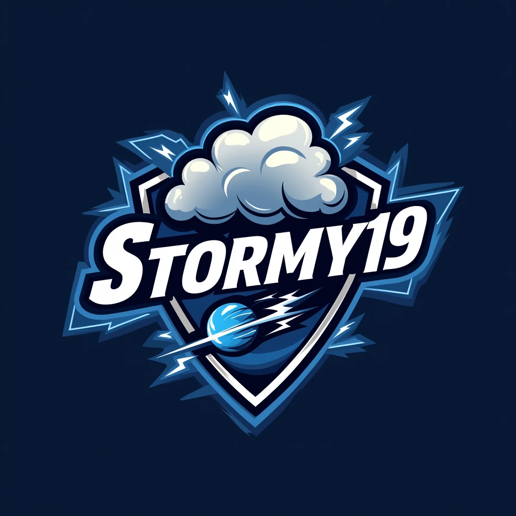 "Create a logo for a cricket team named 'Stormy19.' The logo should prominently display the team name 'Stormy19' in bold, modern typography. Include elements that represent the idea of a storm, such as a swirling storm cloud, lightning bolts, or a stylized cricket ball with wind or lightning effects. Use a color palette that suggests energy and intensity, such as shades of blue, silver, and white. The design should be dynamic and eye-catching, conveying a sense of movement and power. The team name 'Stormy19' should be integrated clearly into the logo, either across the top or bottom, or intertwined with the storm imagery, ensuring it is easily readable and stands out."