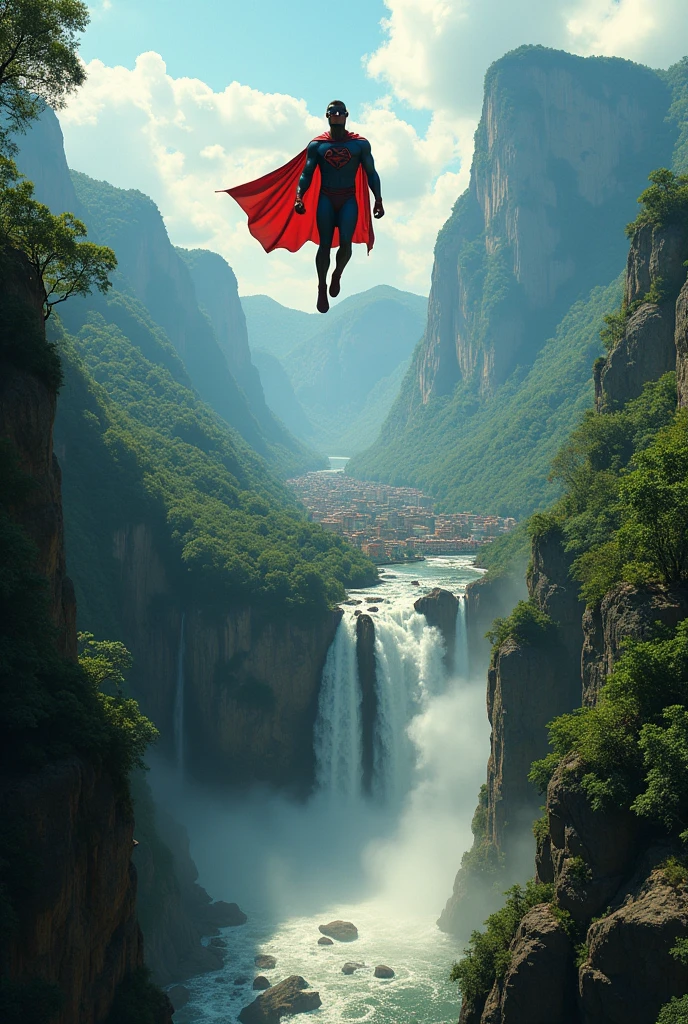 Create the image of a very small superhero, with eyes adapted to see in the darkness of the cave, while flying over a waterfall in the city of Chapada Diamantina in Bahia