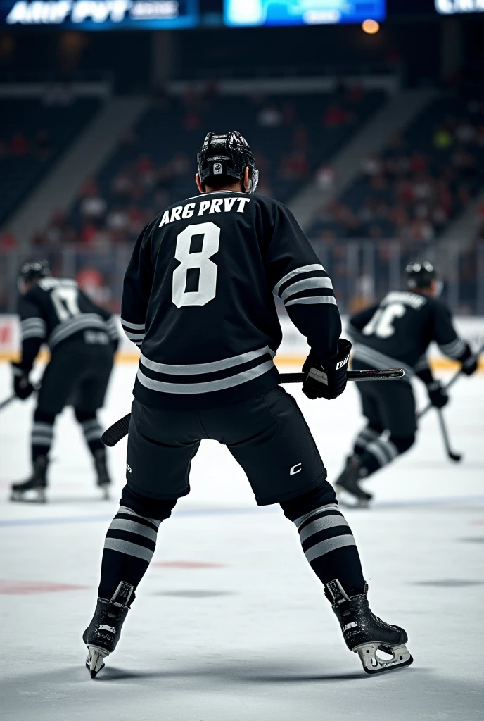 A Man playing ice hockey with other players wearing black gersy and black helmet gersy no.8 holding a ccm black stick showing his back background stadium named Arif  pvt