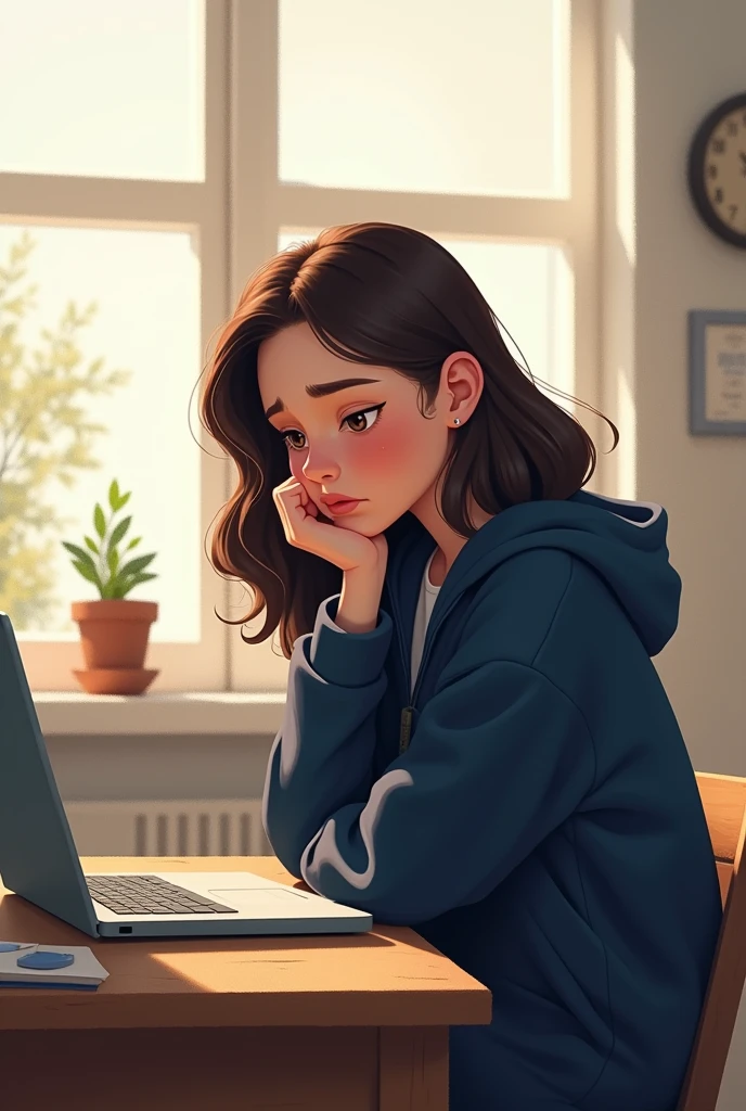 A DISNEY GIRL VERY TIRED OF WORKING ON LAPTOP IN NAVY BLUE COAT