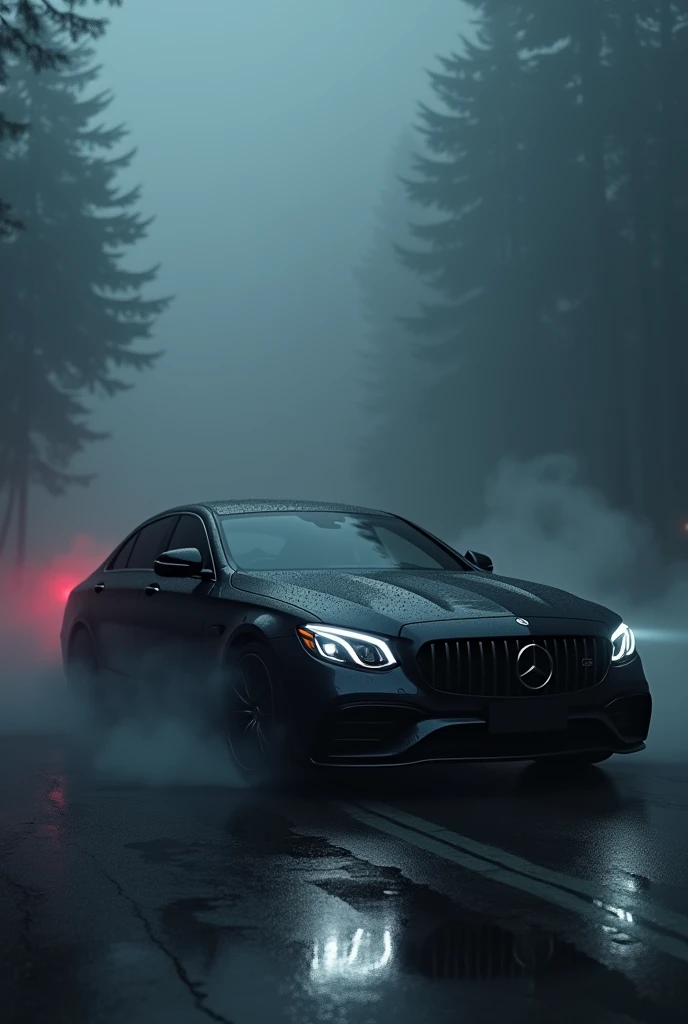 Black Mercedes in fog in night