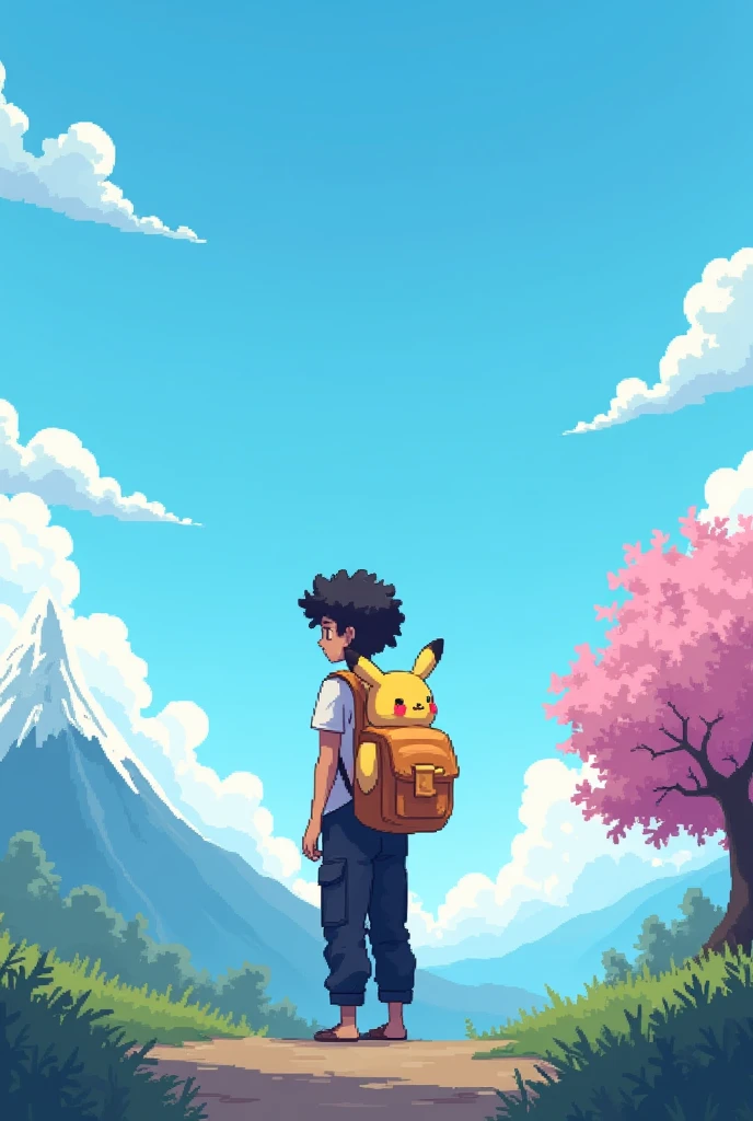 YouTube channel banner,theme pixelated blue sky with clouds,and a guy with curly hair,black cargo pants,white t shirt with a ganger Pokemon backpack.angle is the character in middle photo taken from back side and about 8feet away,more back and a little higher altitude make the angle more back and a Pikachu backpack make it more farr make the character straight and make the image atleast 20 feet away make the backpack a little small and expand the image with a mountain with some snow on top on the left side and a blossom tree at right side make it pixelated and a Pikachu backpack and black Jordan shoes,shoes is solid black make the Pikachu smiling and more cute and he has a skateboard in his left hand,make the skateboard matching to the environment make the image straight and pixelated and a little far back remove skateboard and make backpack a little small and make the image in 16:9 ratio make the character straight and the whole backpack is Pikachu theme make the image pixelated and hair curly and the character straight and about 20 feet away from the backside make the character face straight and the photo is taken from backside make him tall and no skateboard  same image just a little back and remove backpack no backpack make it pixelated and remove the Pikachu backpack  more back and make the character straight and tall about 20 feet away 
Pixelated 

