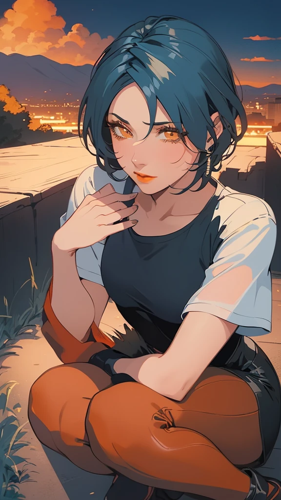 1 women, Single, Solo, Beautiful anime women,kneeling,from above,((Dark blue hair,extra short hair,brown eyes,rounded eyes, Beautiful eyelashes, beautiful eyebrows,
orange lipstick)),white t-shirts,micro short pants,