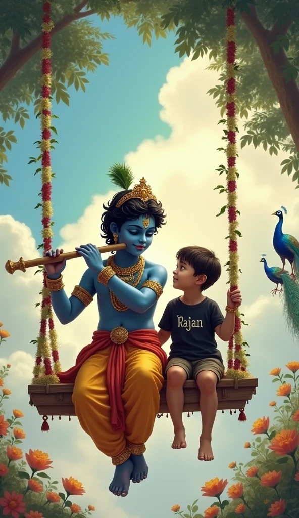 Krishna ji is playing flute, they both are on swing and swing is nicely decorated and sitting together, boy is wearing black color T-shirt with name “RAJAN” written on it, heaven like beautiful scene background, peacock dance, realistic image and boy is bare feet.