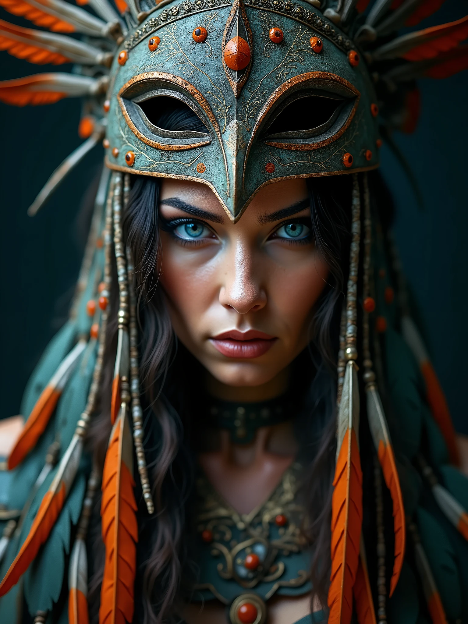 In a mystical, tribal setting, a fierce warrior woman peers through a beautifully crafted mask adorned with intricate carvings and vibrant feathers. Her piercing blue eyes stand out against her earthy-toned makeup, which enhances her strong features. The background is dark and atmospheric, emphasizing the details of the mask and the warrior's expression. The image is captured with a Canon EOS R6, using a 50mm lens at f/2.8, with a white balance set to 5500K. The depth of field is shallow, creating a soft blur around the edges while keeping the subject in sharp focus. The composition is asymmetrical, drawing attention to the mask and the warrior's intense gaze. This style is inspired by artists like Dmitriy Vavilov, blending elements of industrial art fantasy and epic realism with rich textures and intricate details.