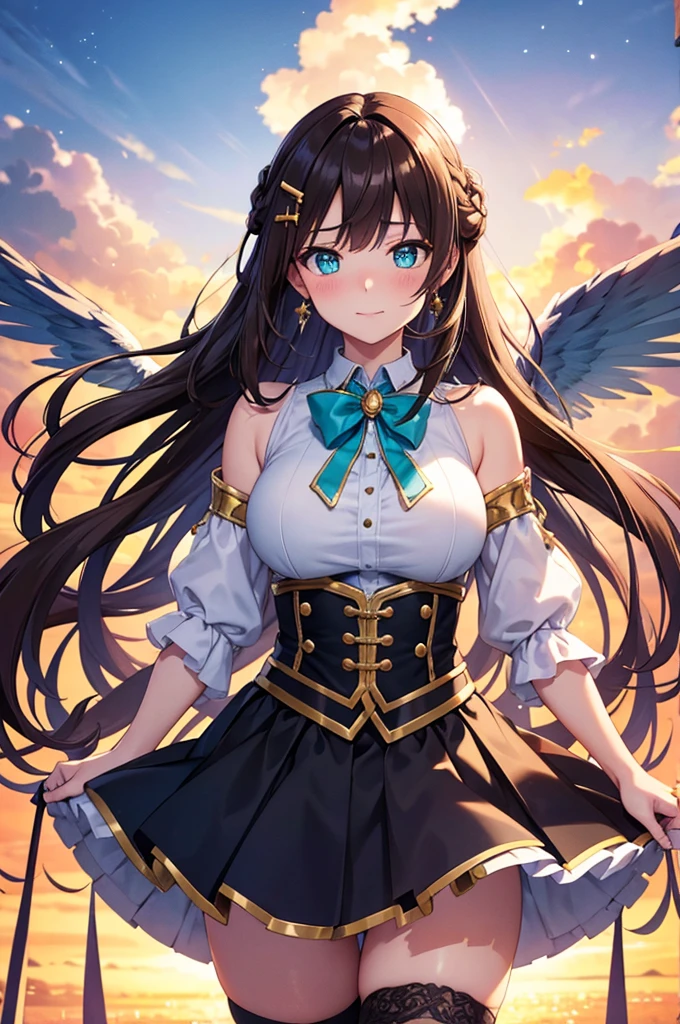 A beautiful girl in a short skirt holding a sword and a bird, outside, night, (magical girl), peach colored leotard, fluffy layered skirt, thigh highs, bow, wand, wings, flying, floating, big rounds breasts, dark brown hair, long bangs, french braid, long hair, wavy hair, expressive hair, shiny hair, hairclip, hair ribbon, jewelry, aqua eyes, glowing eyes, pupils sparkling, earrings, blush, light smile, shy, embarrassed, nervous smile, beautiful detailed eyes, natural lighting, high detail, anime, anime style, depth of field, cinematic lighting, game CG, dithering, image fill, multiple views, wide shot, from above, from behind, from below, atmospheric perspective, perspective, panorama, Wide-Angle, f/1.8, 85mm, Nikon, 8k, super detail, masterpiece, retina, masterpiece, accurate, anatomically correct, textured skin, high details, best quality, highres, 16k