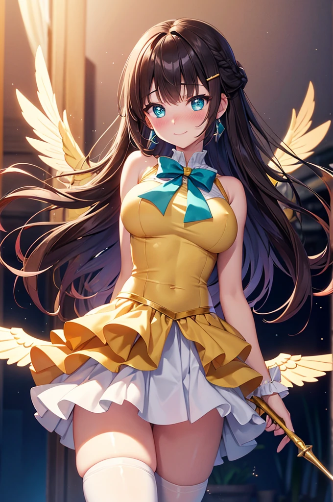 A beautiful girl in a short skirt holding a sword and a bird, outside, night, (magical girl), yellow leotard, fluffy layered skirt, thigh highs, bow, wand, wings, flying, floating, big rounds breasts, dark brown hair, long bangs, french braid, long hair, wavy hair, expressive hair, shiny hair, hairclip, hair ribbon, jewelry, aqua eyes, glowing eyes, pupils sparkling, earrings, blush, light smile, shy, embarrassed, nervous smile, beautiful detailed eyes, natural lighting, high detail, anime, anime style, depth of field, cinematic lighting, game CG, dithering, image fill, multiple views, wide shot, from above, from behind, from below, atmospheric perspective, perspective, panorama, Wide-Angle, f/1.8, 85mm, Nikon, 8k, super detail, masterpiece, retina, masterpiece, accurate, anatomically correct, textured skin, high details, best quality, highres, 16k