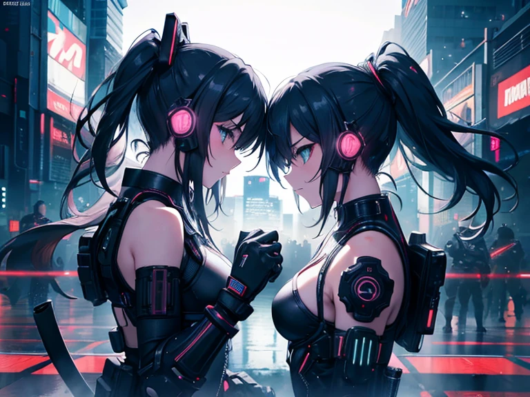Very detailed,High resolution,4K,8k,masterpiece,High resolution,Late Night,Cyberpunk cityscape,Vibrant neon glow,Two ninjas facing each other,Mexican standoff