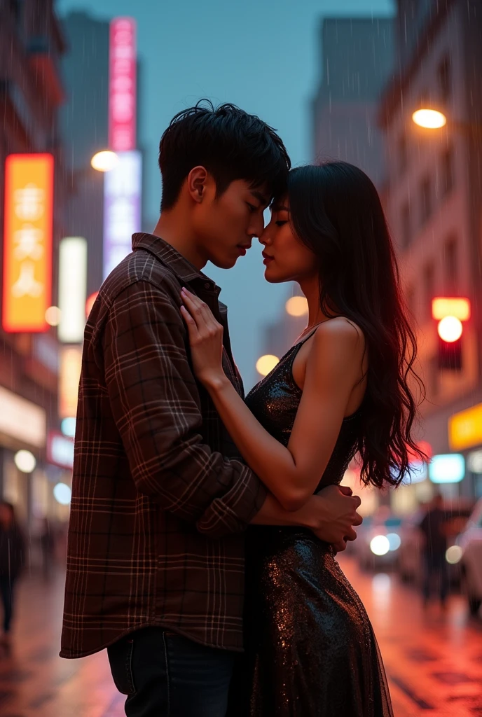 A striking, ultra-detailed image of a young Korean couple romantic lift hug on a bustling night street. The man was holding the woman with both hands. The man is dressed in a flannel shirt, while the woman is clad in a stylish, form-fitting dress. Full body photo. The city lights and traffic signals illuminate their surroundings, casting a warm, inviting glow. Dramatic light . Rain condition. The couple's expressions convey a deep connection and passion, as they share a tender moment in the vibrant urban setting.