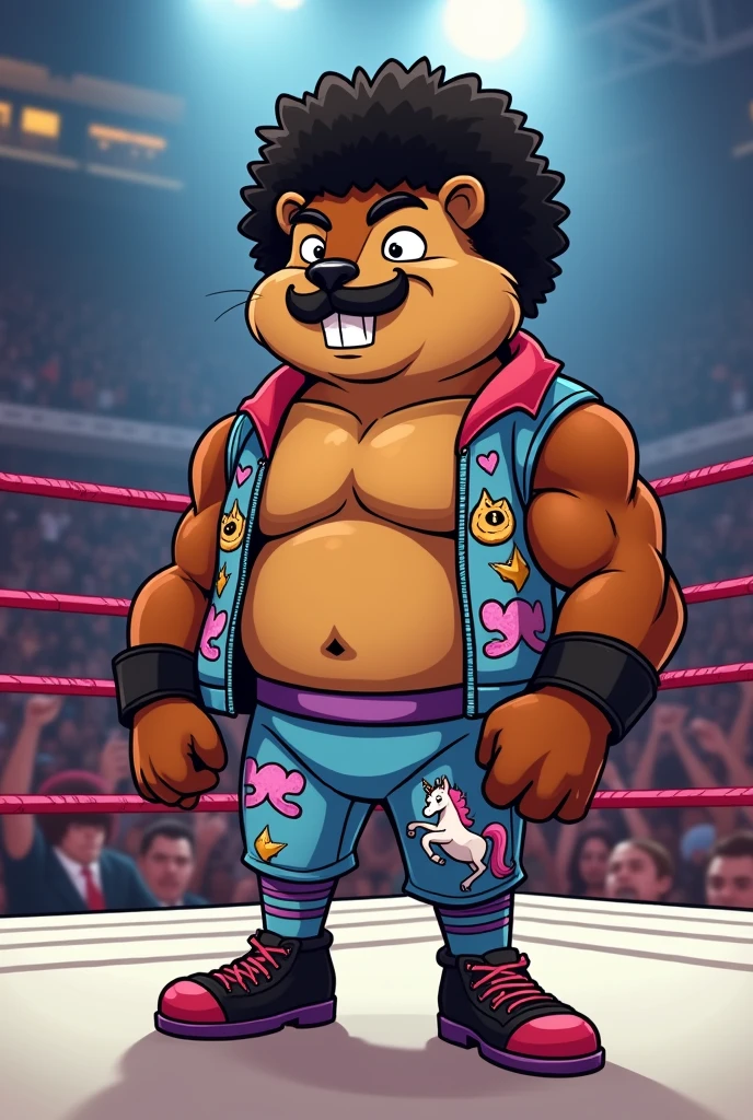 Brown cartoon woodchuck dressed like WWE wrestler Big E Langston.
cartoon woodchuck head. Cartoon woodchuck hands. Cartoon woodchuck body. Cartoon woodchuck arms. Cartoon woodchuck legs.
Black Afro head hair. Short black mustache. Skinny. Muscular.
Blue, pink, and white pants ordained with a unicorn. Blue, pink, and white jacket ordained with a unicorn.
Standing in a wrestling ring.