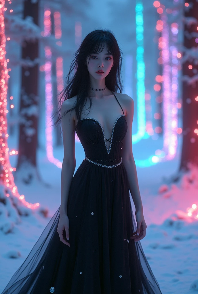 Japanese beauty killer black sexy wedding dress，，black style、(Fluorescent Color:1.4)、(translucent:1.4)、(Retro filter:1.4)、(fantasy:1.4)、Candy world Disney fantasy fluffy soft scenery forest snow avatar pink sky green blue glow dreamy lights soft soft glow rainbow stars diamond glitter gem background surreal ultra hd movie lighting huge details full hd full light、
