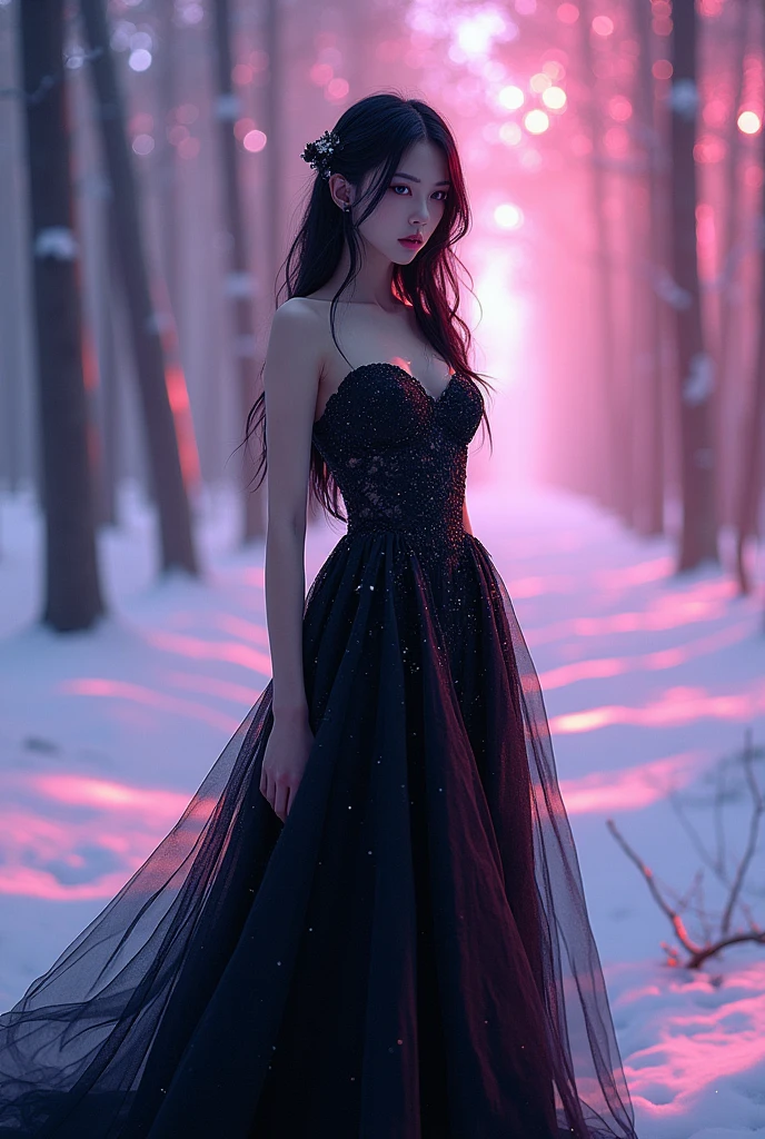 Japanese beauty killer black sexy wedding dress，，black style、(Fluorescent Color:1.4)、(translucent:1.4)、(Retro filter:1.4)、(fantasy:1.4)、Candy world Disney fantasy fluffy soft scenery forest snow avatar pink sky green blue glow dreamy lights soft soft glow rainbow stars diamond glitter gem background surreal ultra hd movie lighting huge details full hd full light、
