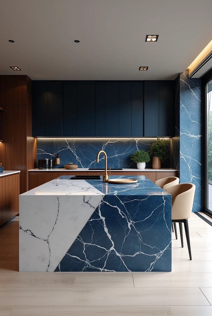 Professional 3d architecture rendering design of modern kitchen with So dark blue vintage and dark wooden and beige modern chairs shiny white and blue marble island island