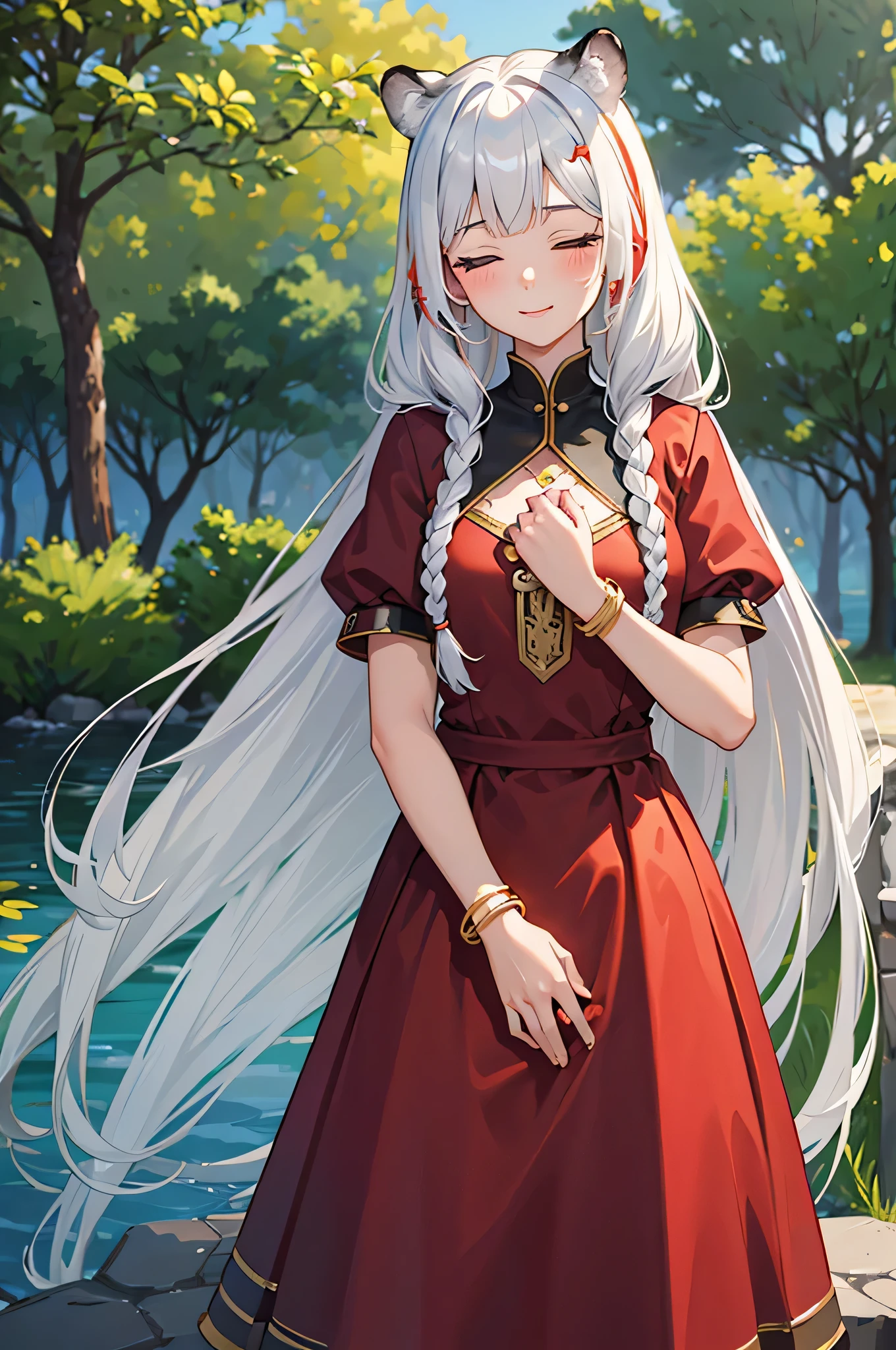 ((masterpiece)), (Best quality), (ultra detailed), photorealistic, (best illustration), ((very gentle and beautiful)), 1 girl, One, long hair, tiger ears, [:tiger tail under:0.2], White hair, Two-tone hair, Red dress, (black dress:1), multi-colored dress, Twisted, standing, closed eyes, smile, Short sleeves, detailed scenery, blue sky, horizon, low double braids, double braids, hair ornament, bracelet, (hand on chest:0.9), blush