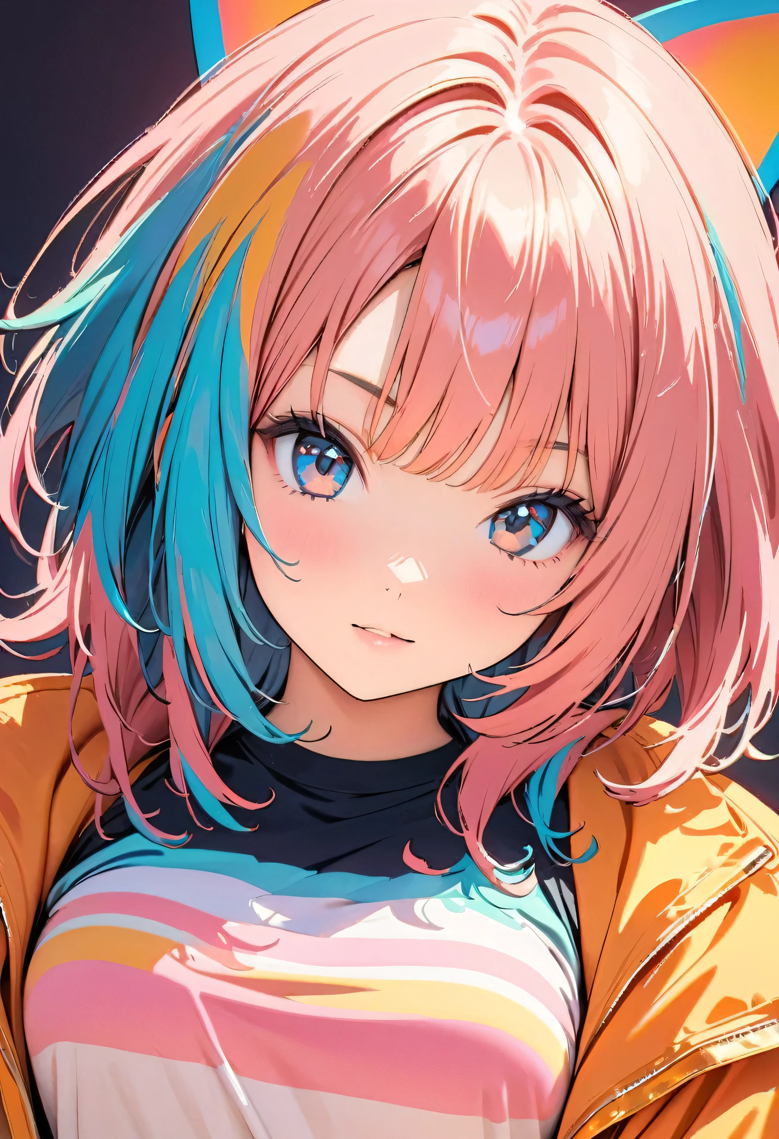 (Highest quality:1.2, City Pop Style, Very detailed, Latest, Vibrant, High Contrast, masterpiece:1.2, Highest quality, Best aesthetics), , ((Face Up Shot:1.4)), Colorful Hair, pastel colour, 1980s style, ((Retro, Vintage, Plain background))