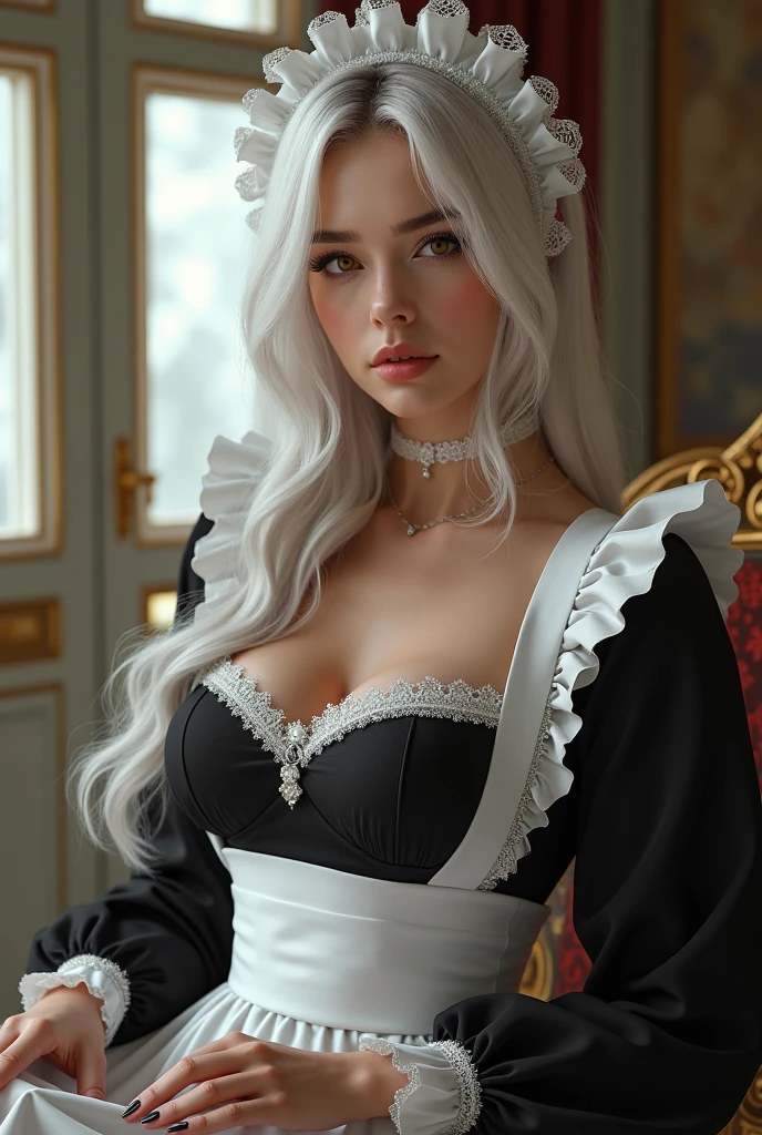 Sexy polite maid, long white hair, hazel eyes,
