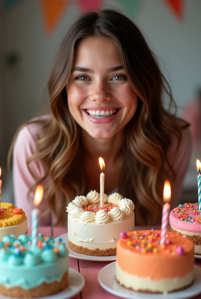 photo of young woman, 18th birthday , cakes, braces
