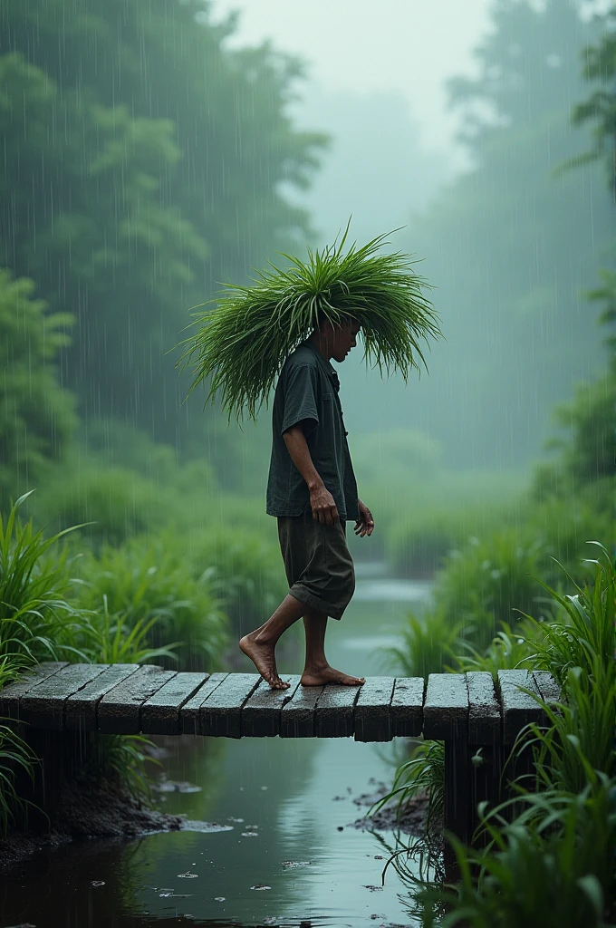 A farmer is going over a wood bridge, raining , he have some bundle of grass on his head , everything green