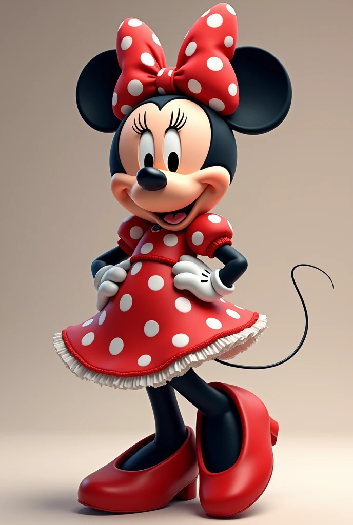 A full-body minie mause in her white and red polka dot dress