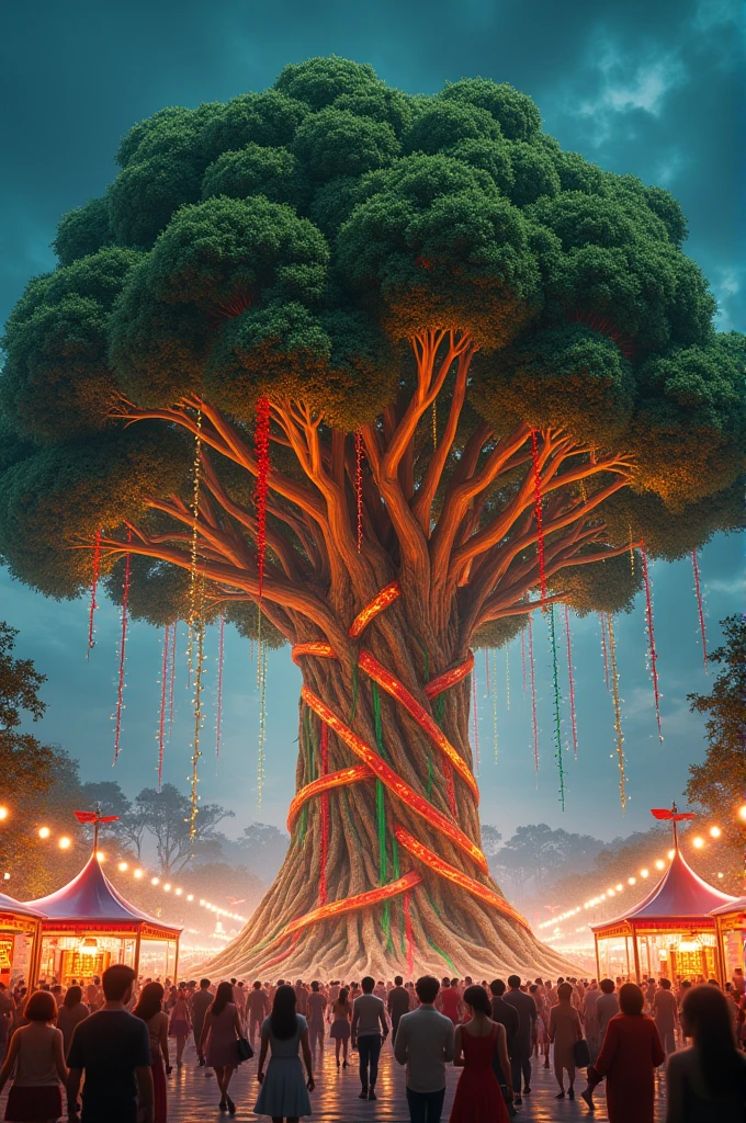 **A grand tree decorated with colorful ribbons and lights for the festival
