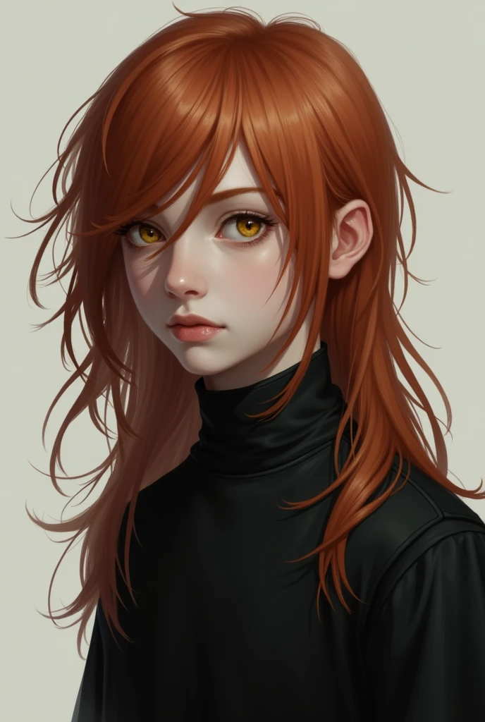 raise a boy, male, with yellow eyes and very long hair, below the shoulder, reddish, realistic black clothes