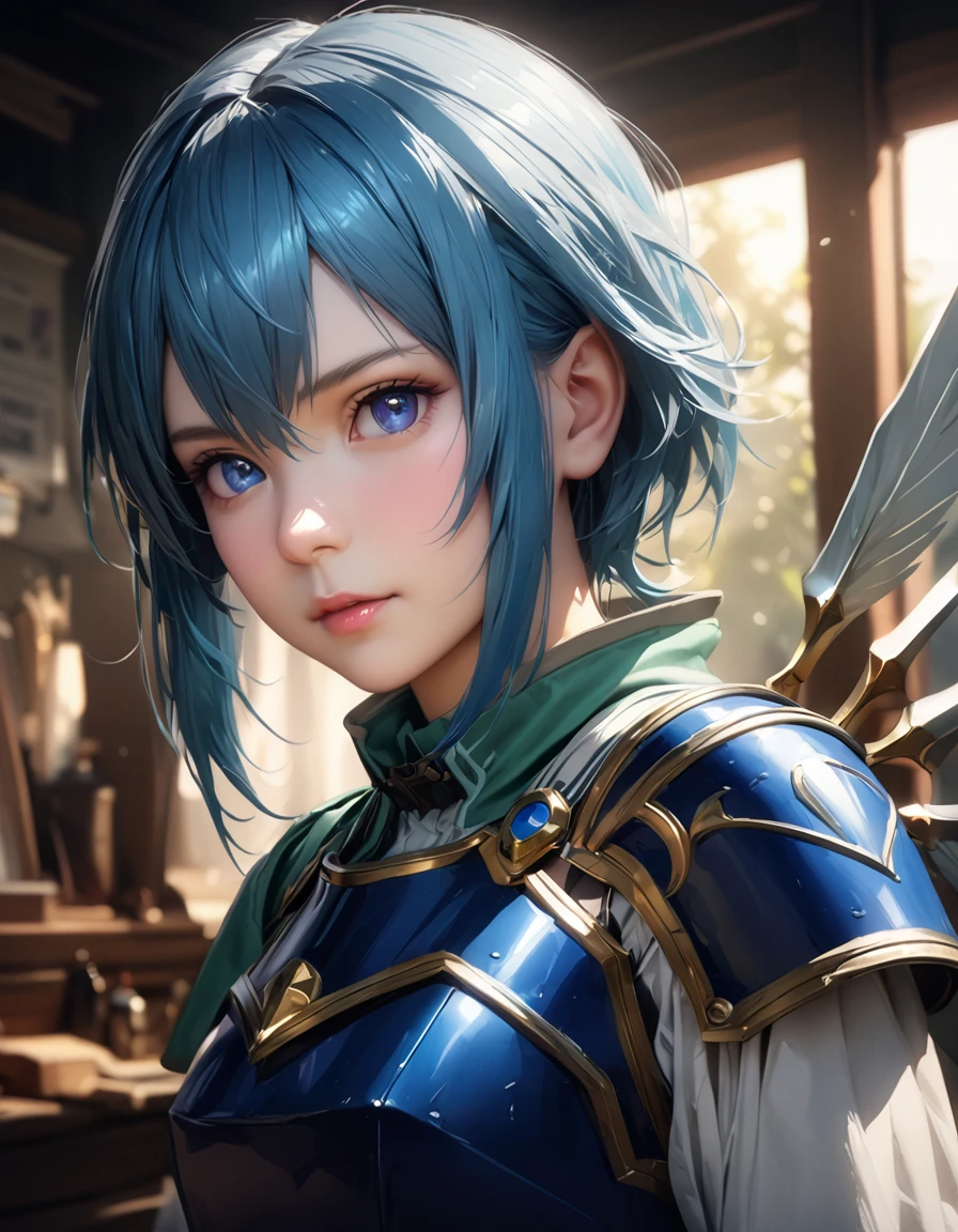 a beautiful detailed portrait of shino asada, short blue hair with bangs, blue eyes, hair accessories, eyebrows, long eyelashes, white gloves, long sleeves, wings, armored shoulder, chest plate, blue armor, (best quality,4k,8k,highres,masterpiece:1.2),ultra-detailed,(realistic,photorealistic,photo-realistic:1.37),HDR,UHD,studio lighting,ultra-fine painting,sharp focus,physically-based rendering,extreme detail description,professional,vivid colors,bokeh